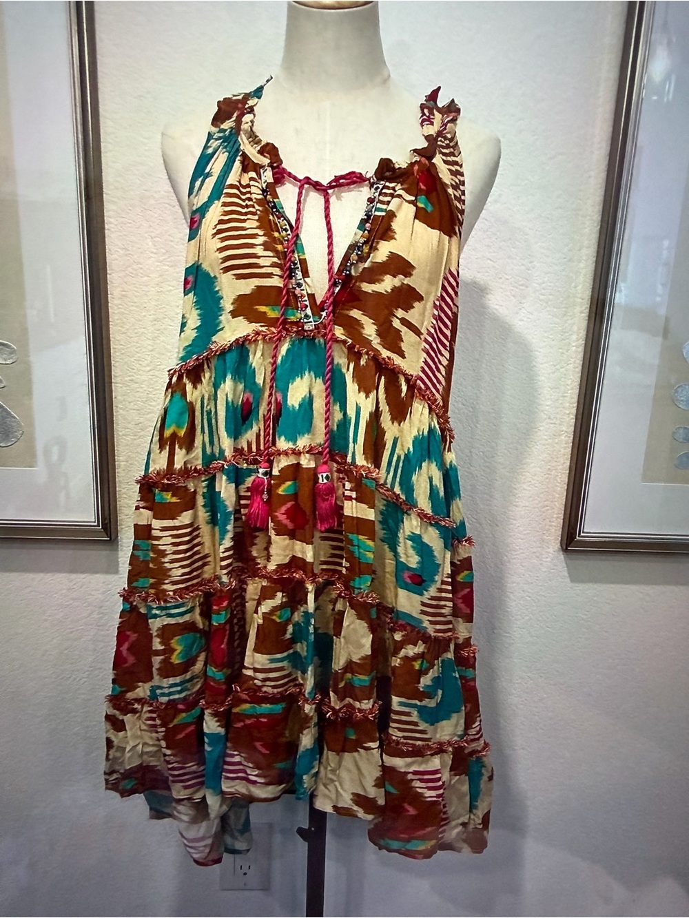 #128 Made in Italy Anjuna Bohemian Ikat Tiered Mini Dress